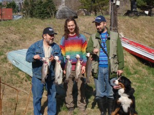 Photo of Walter, Maestro, with Nico and Lawrence holding their five Rainbow Trout